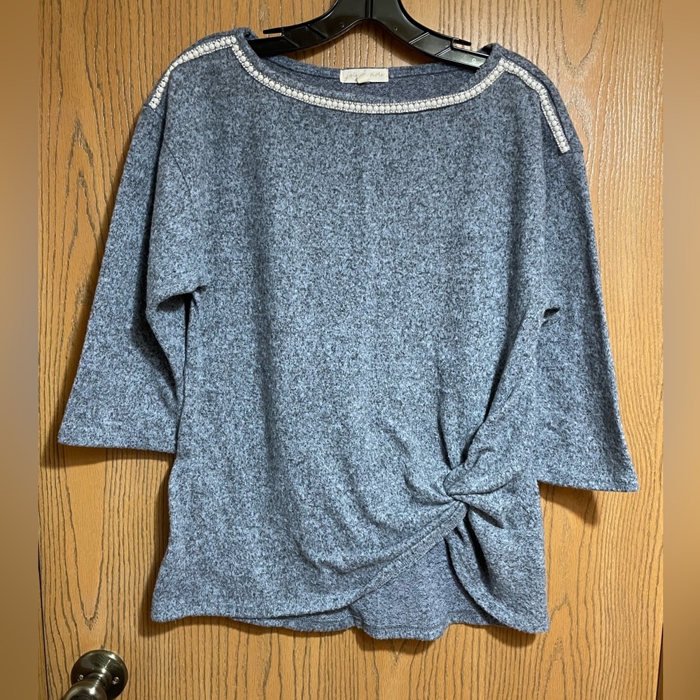 Gray Knit Sweater with Faux Pearls and Rhinestones